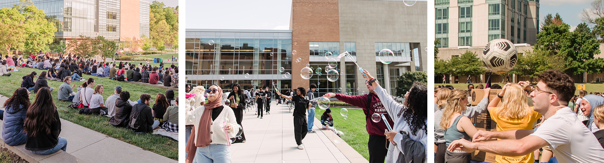 Collage of photos, first section features a large crowd viewed from behind on The Commons steps leading down to the Quad, Middle are students playing with bubbles at an (seb) event, last section are students playing a game during Involvement Fest